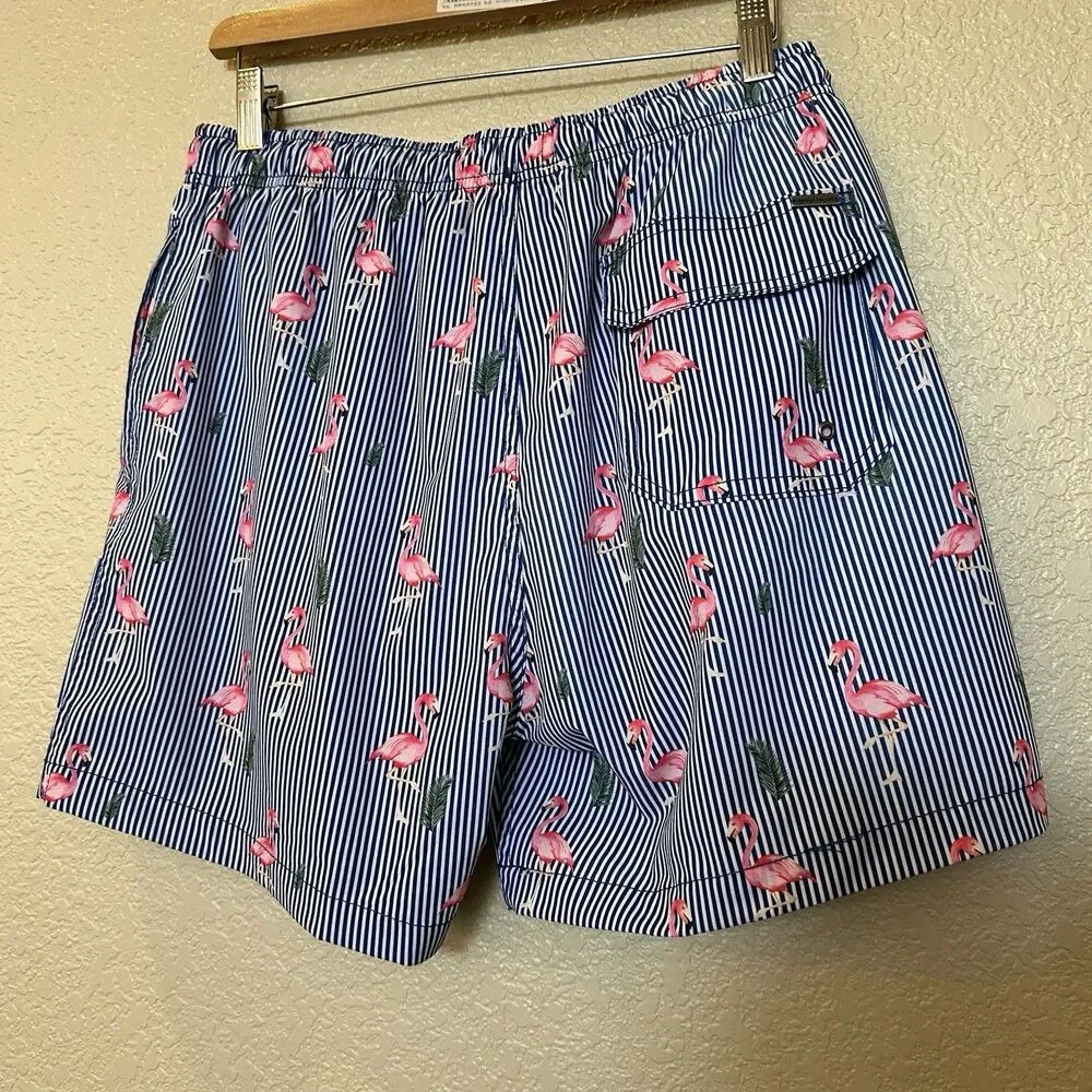 Vintage Summer Swim Trunks Men's Extra Large‎ Blue Flamingo Print Pockets Sport